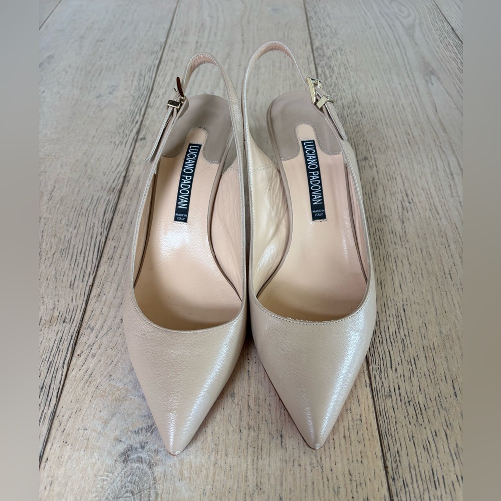Luciano Padovan Slingback Kitty Heel in beige with signature pink sole, size 38